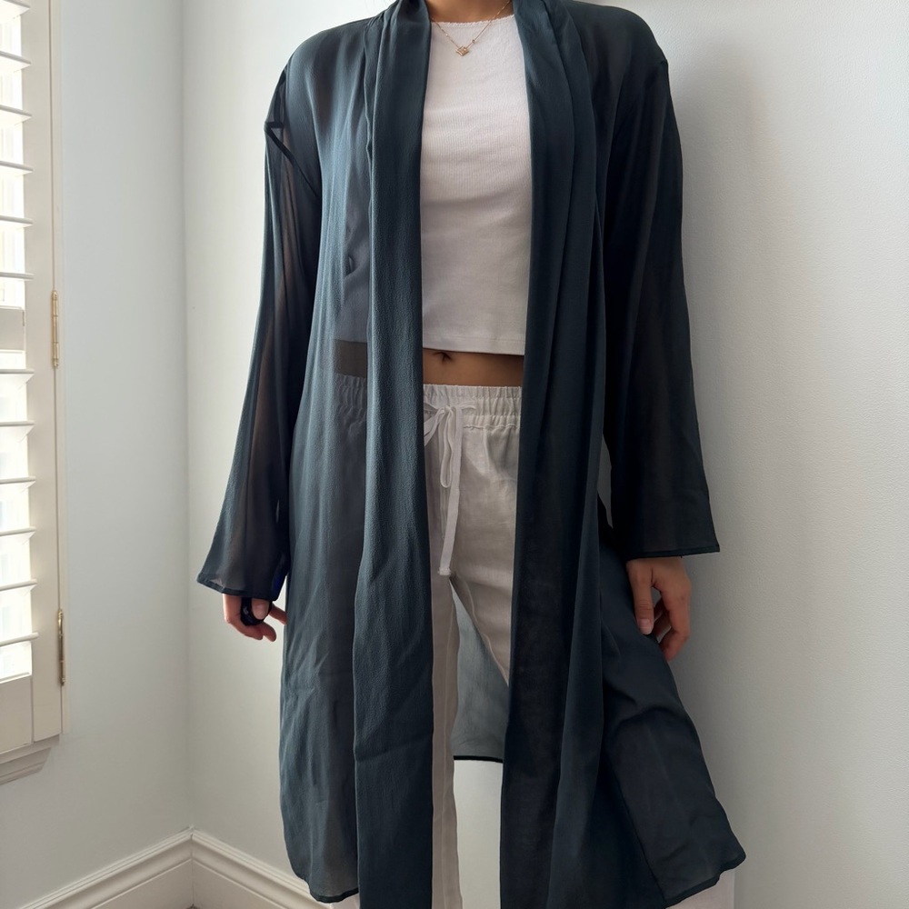 Eileen Fisher Dark Teal Silk Open Front Longline Cardigan - Medium